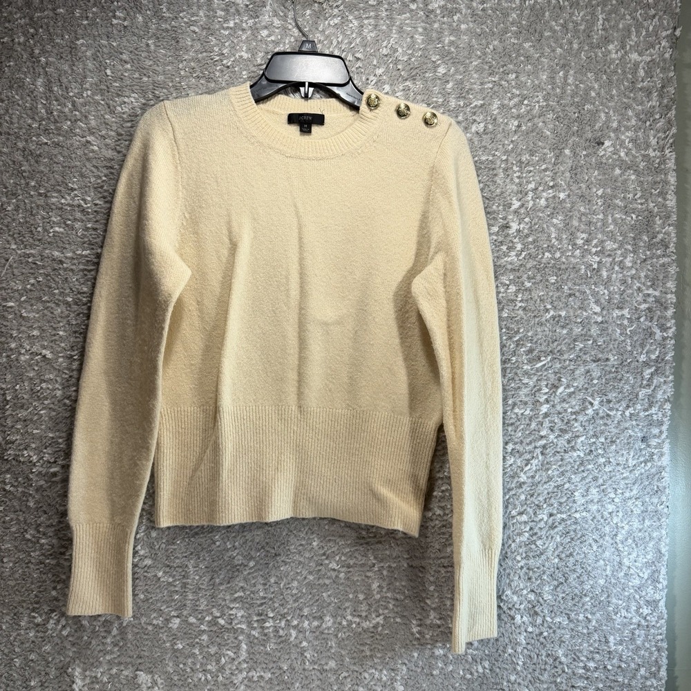 J.Crew Sweater Wool Alpaca Blend Shoulder Button Ribbed Crewneck M Beige Preppy